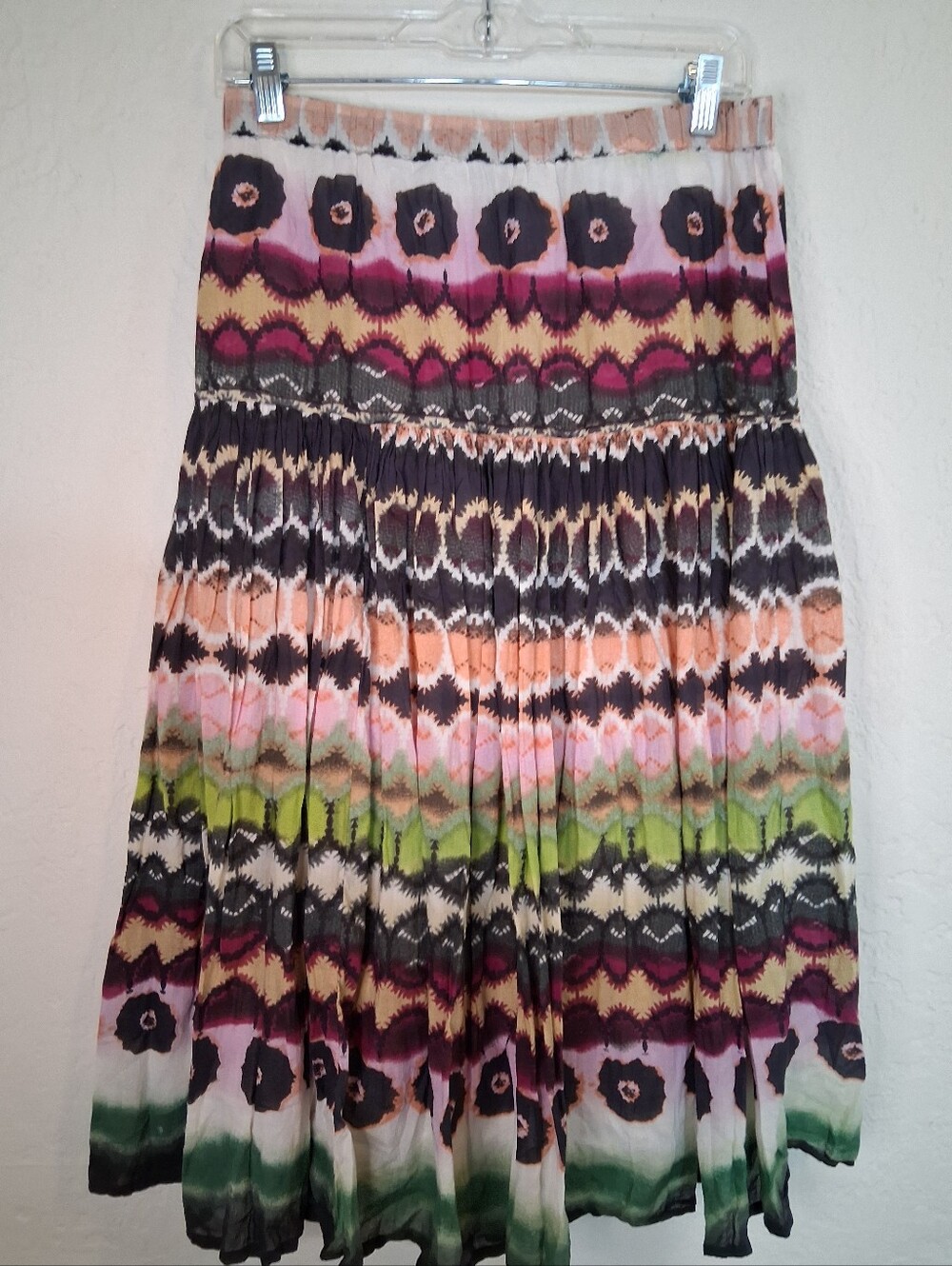 Deluxe LA Blues Multicolor Printed Tiered Maxi Skirt Boho Hippie Natural SZ Med